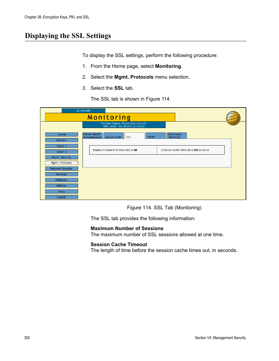 Displaying the ssl settings, Figure 114: ssl tab (monitoring) | Allied Telesis AT-S62 User Manual | Page 350 / 372