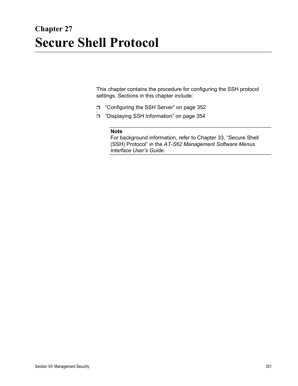 Chapter 27, Secure shell protocol, Chapter 27: secure shell protocol | Allied Telesis AT-S62 User Manual | Page 351 / 372