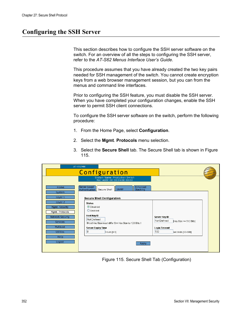 Configuring the ssh server, Secure shell tab (configuration) | Allied Telesis AT-S62 User Manual | Page 352 / 372