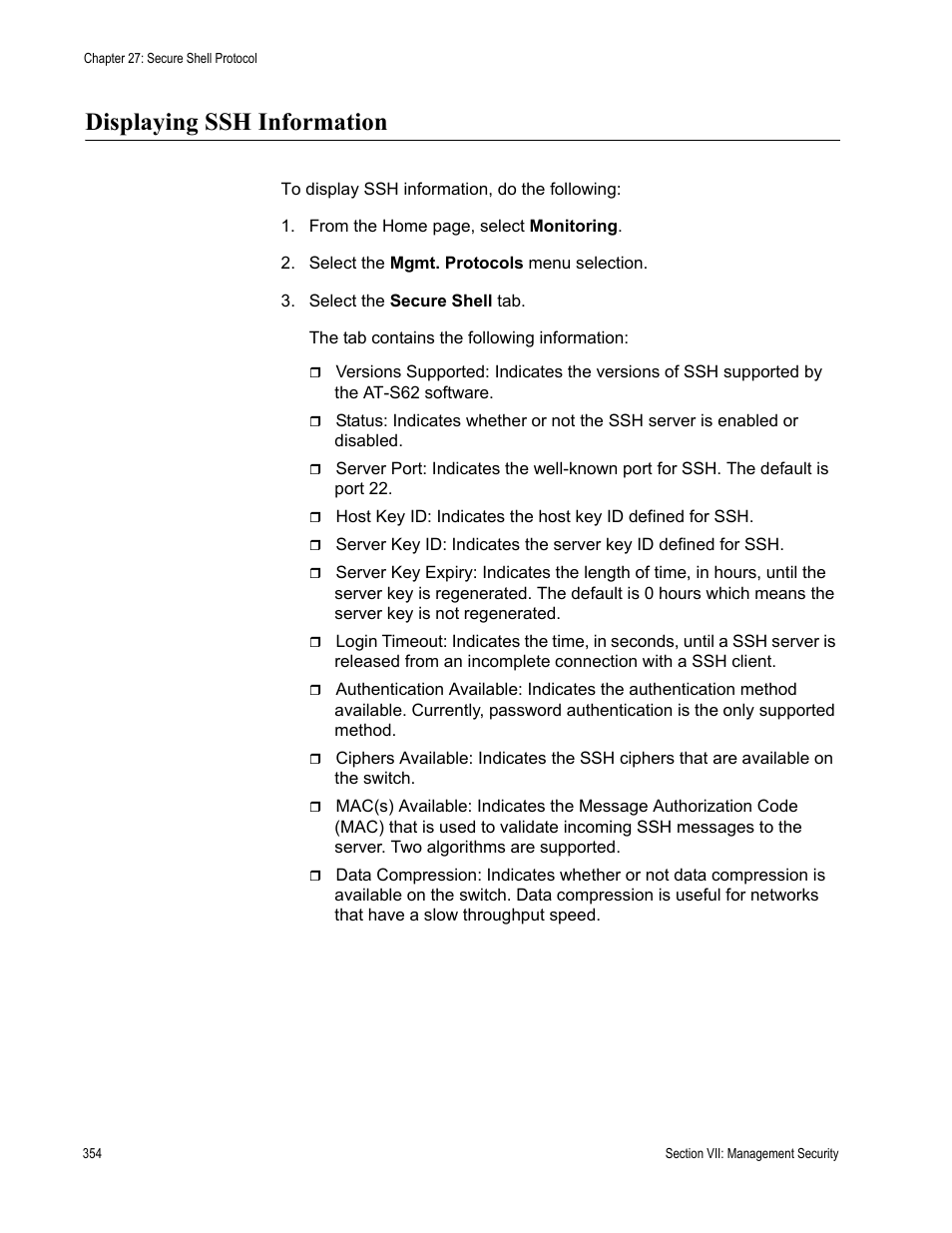 Displaying ssh information | Allied Telesis AT-S62 User Manual | Page 354 / 372
