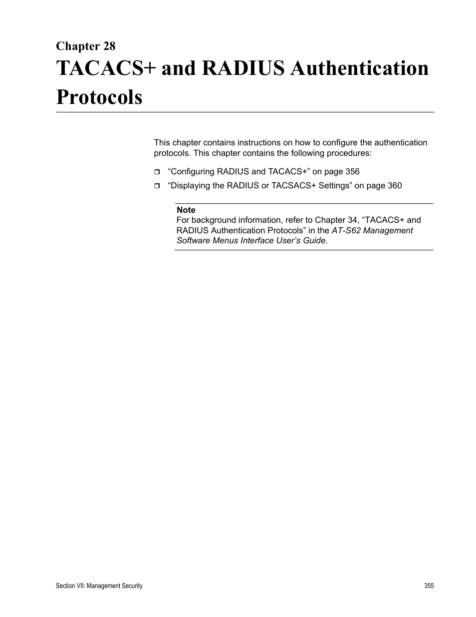 Chapter 28, Tacacs+ and radius authentication protocols | Allied Telesis AT-S62 User Manual | Page 355 / 372