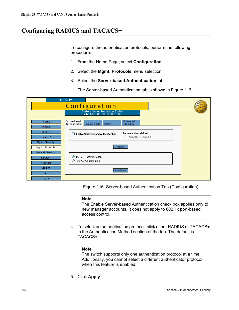 Configuring radius and tacacs | Allied Telesis AT-S62 User Manual | Page 356 / 372