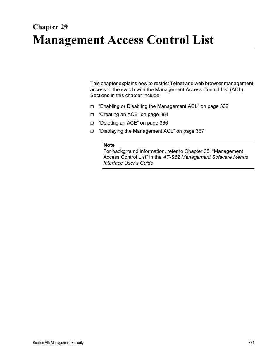 Chapter 29, Management access control list, Chapter 29: management access control list | Allied Telesis AT-S62 User Manual | Page 361 / 372