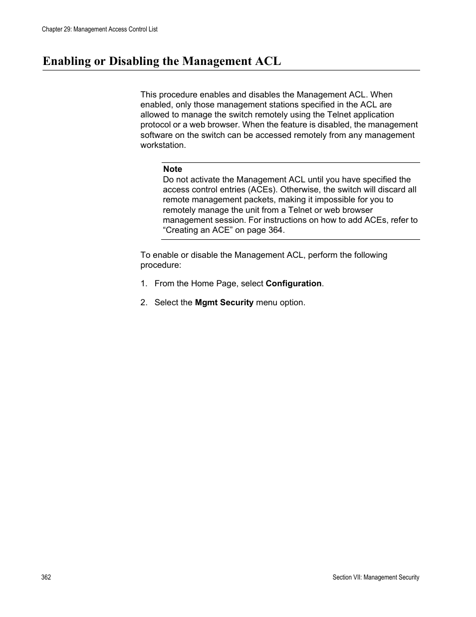 Enabling or disabling the management acl | Allied Telesis AT-S62 User Manual | Page 362 / 372