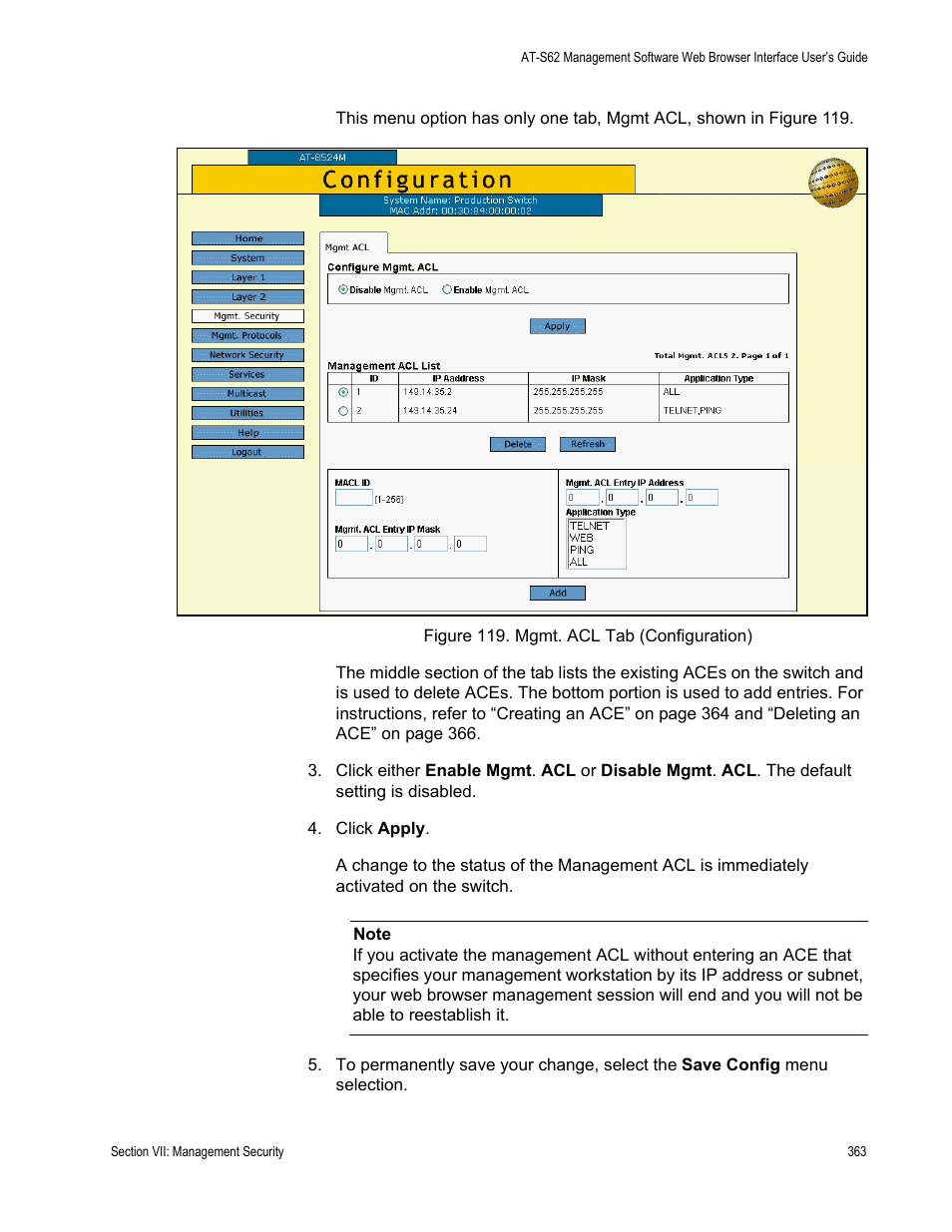 Figure 119: mgmt. acl tab (configuration) | Allied Telesis AT-S62 User Manual | Page 363 / 372
