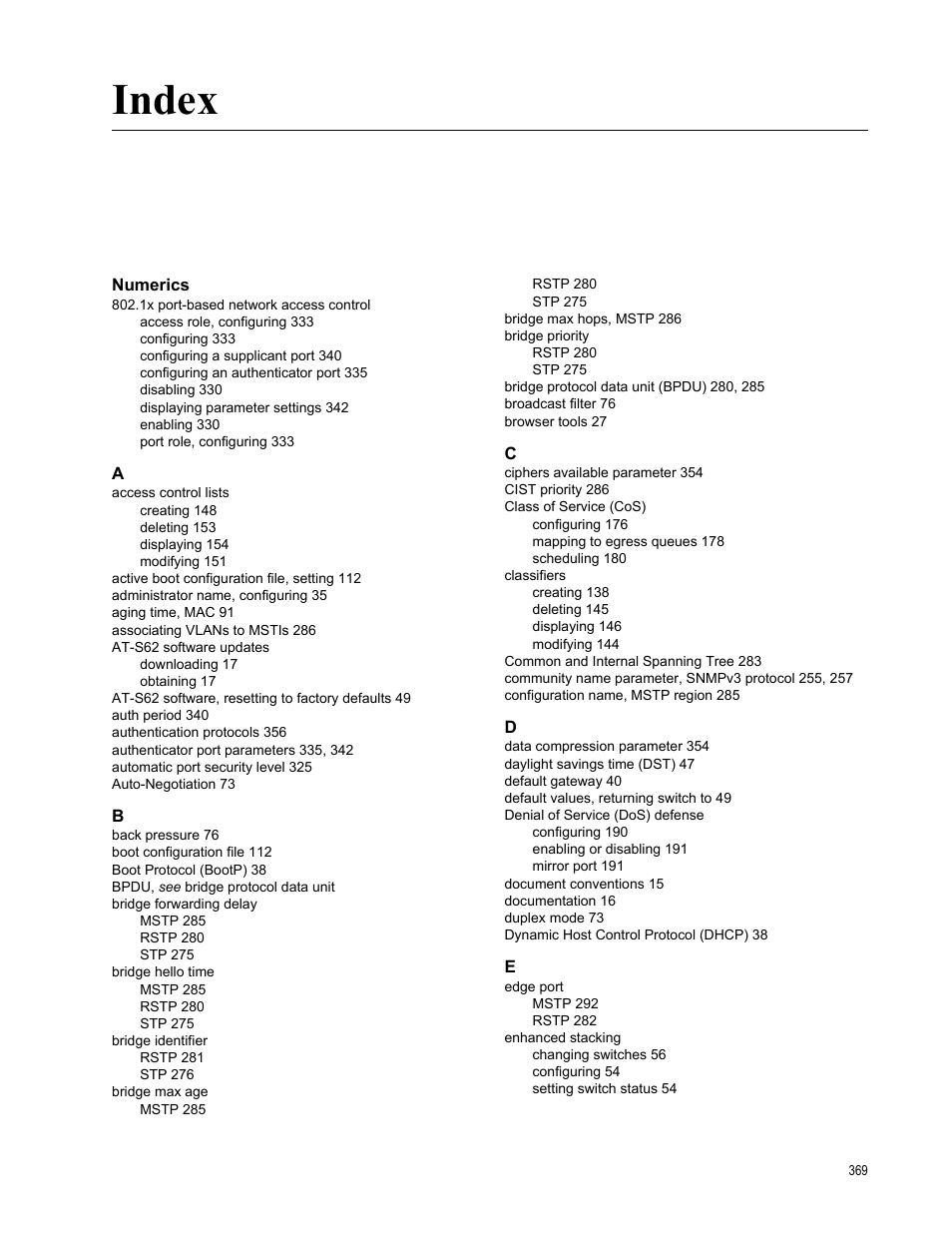 Index, Numerics | Allied Telesis AT-S62 User Manual | Page 369 / 372