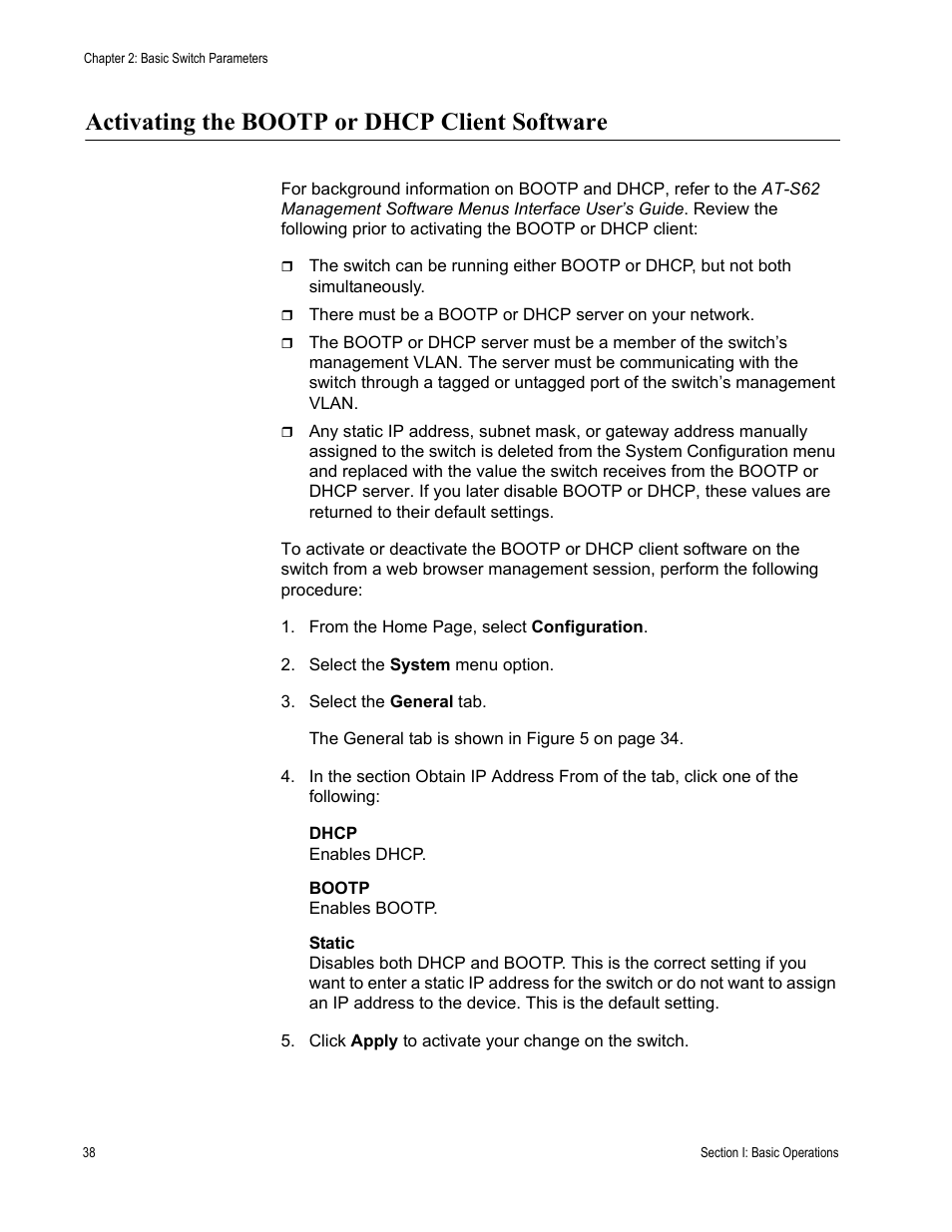 Activating the bootp or dhcp client software | Allied Telesis AT-S62 User Manual | Page 38 / 372