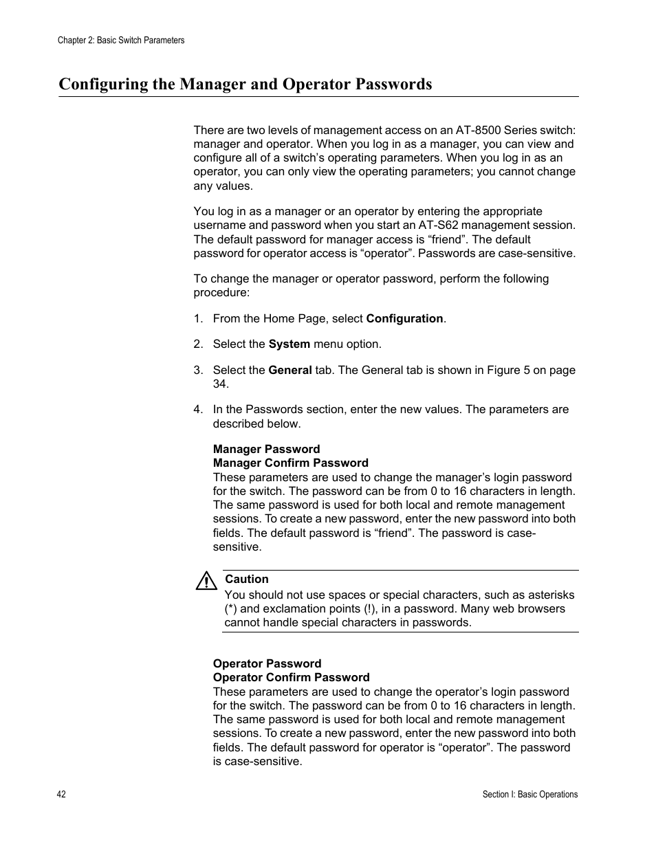 Configuring the manager and operator passwords | Allied Telesis AT-S62 User Manual | Page 42 / 372