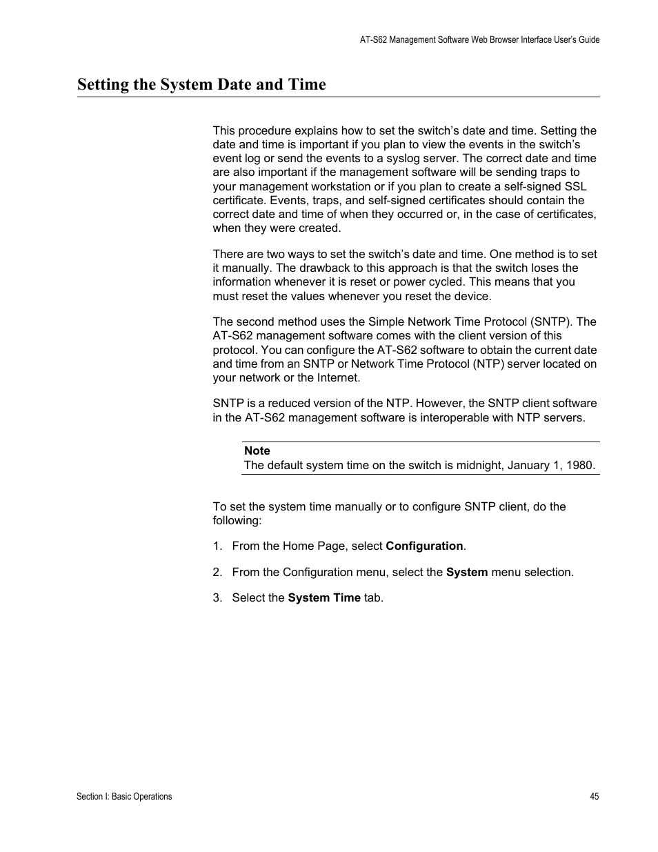 Setting the system date and time | Allied Telesis AT-S62 User Manual | Page 45 / 372