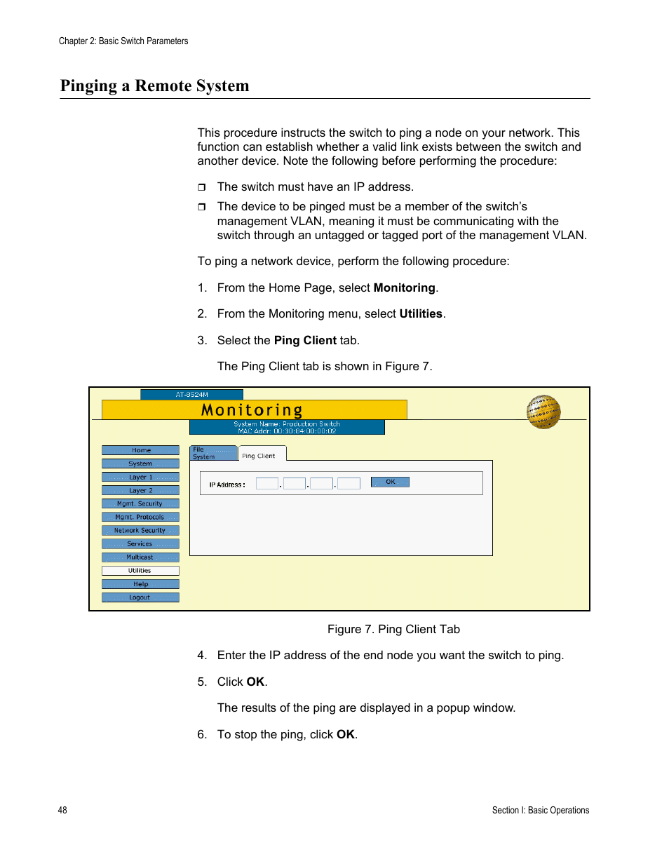 Pinging a remote system, Figure 7: ping client tab | Allied Telesis AT-S62 User Manual | Page 48 / 372