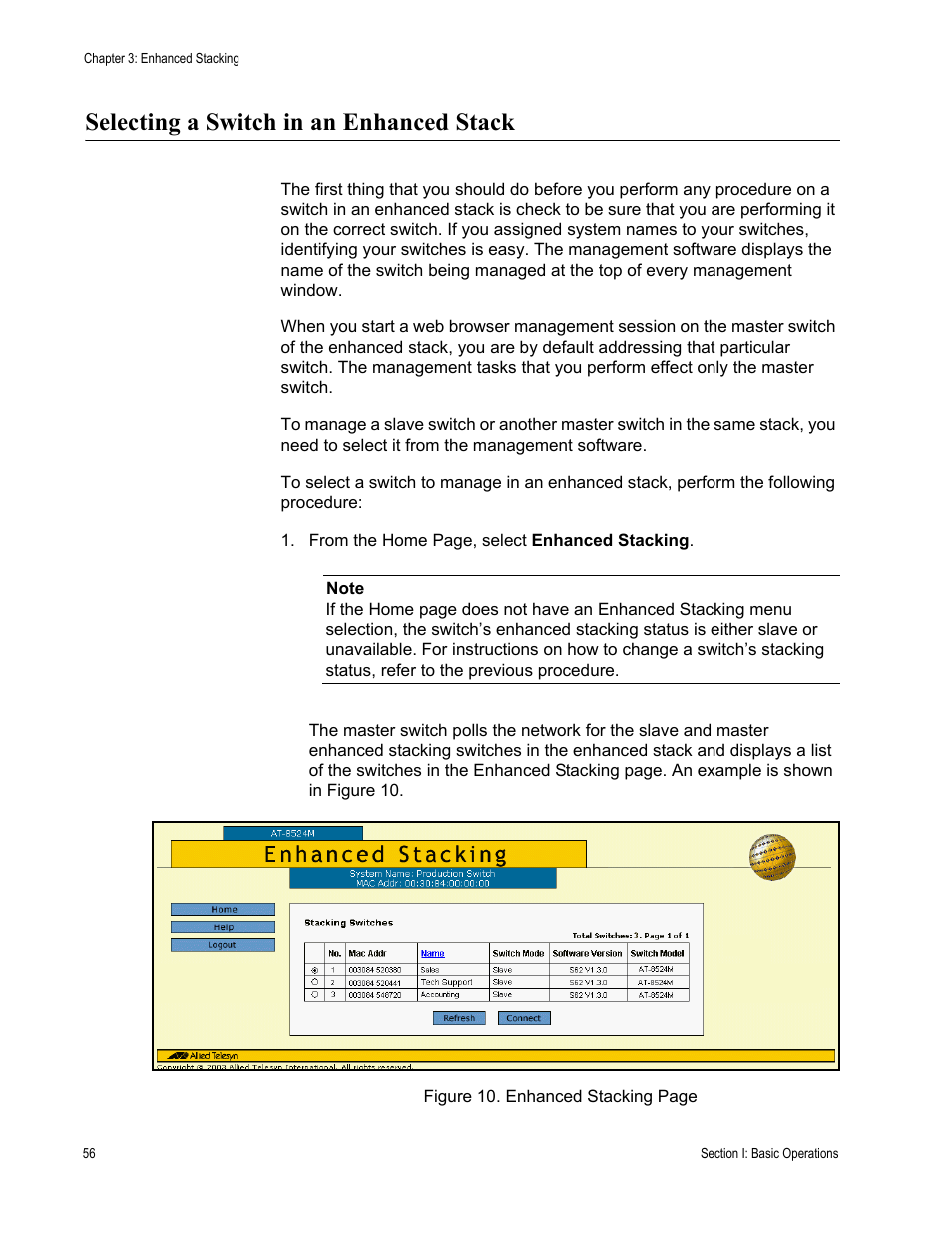 Selecting a switch in an enhanced stack | Allied Telesis AT-S62 User Manual | Page 56 / 372