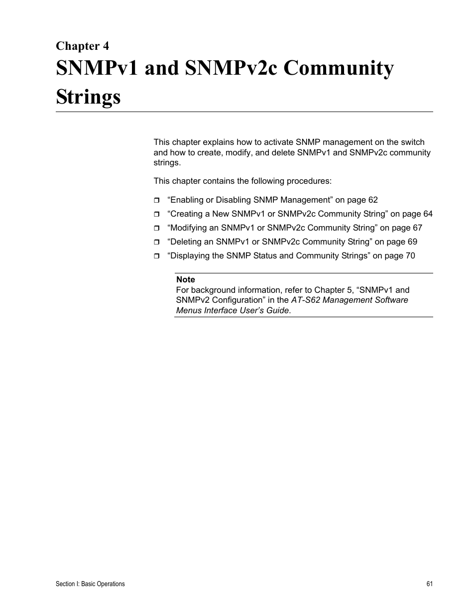Chapter 4, Snmpv1 and snmpv2c community strings, R 4: snmpv1 and snmpv2c community strings | Chapter 4: snmpv1 and snmpv2c community strings | Allied Telesis AT-S62 User Manual | Page 61 / 372