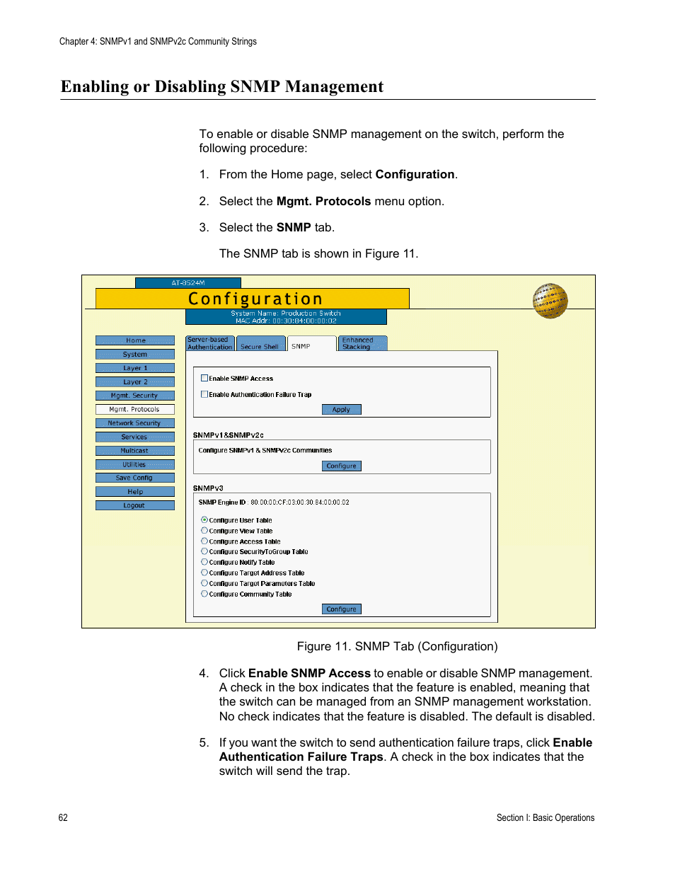 Enabling or disabling snmp management, Figure 11: snmp tab (configuration) | Allied Telesis AT-S62 User Manual | Page 62 / 372