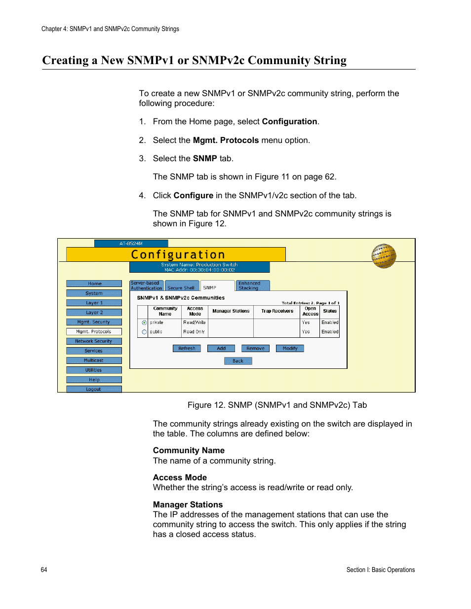 Creating a new snmpv1 or snmpv2c community string, Figure 12: snmp (snmpv1 and snmpv2c) tab | Allied Telesis AT-S62 User Manual | Page 64 / 372