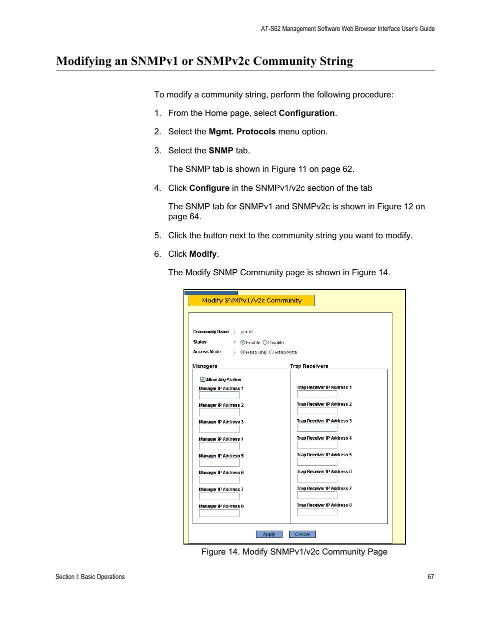 Modifying an snmpv1 or snmpv2c community string | Allied Telesis AT-S62 User Manual | Page 67 / 372