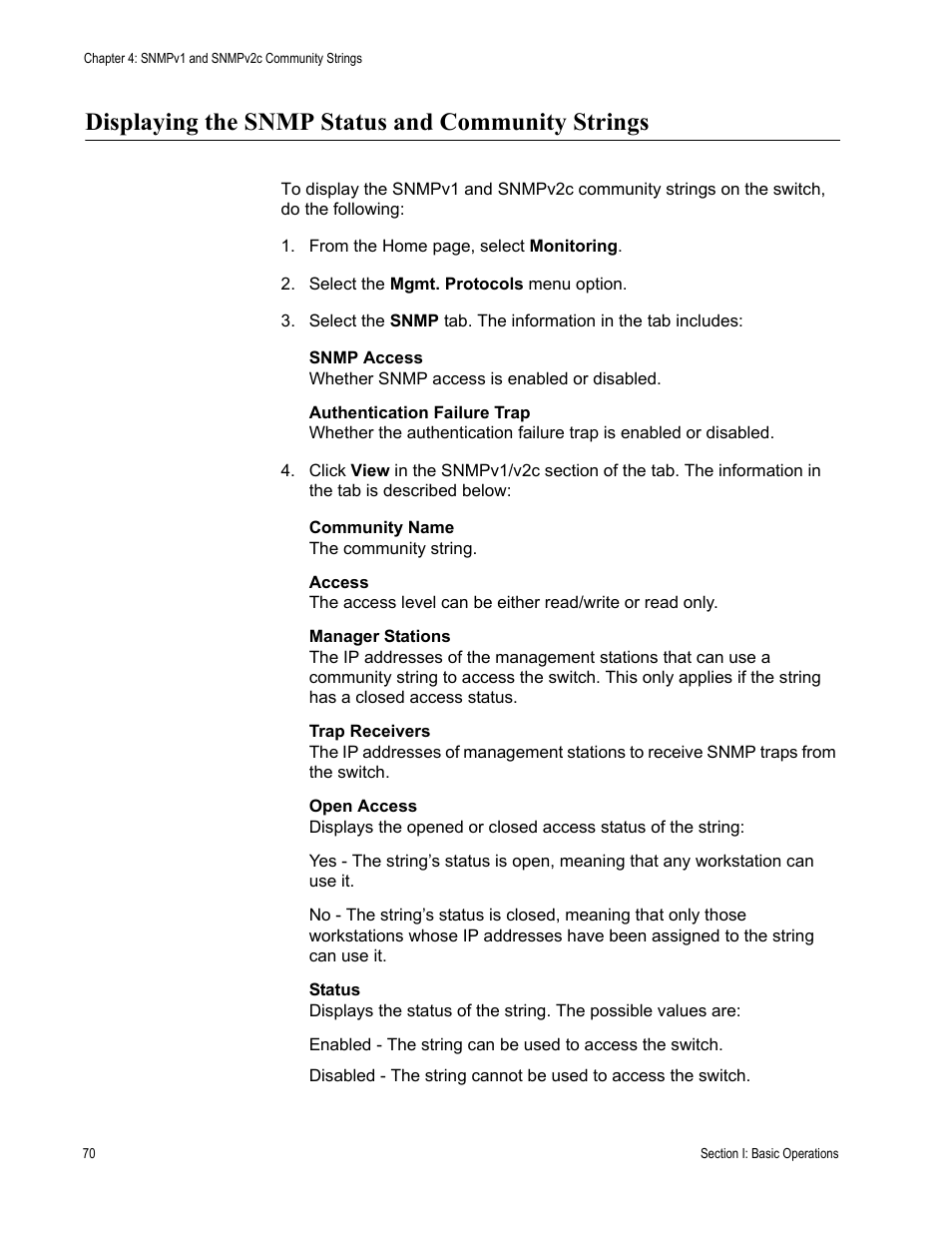Displaying the snmp status and community strings | Allied Telesis AT-S62 User Manual | Page 70 / 372