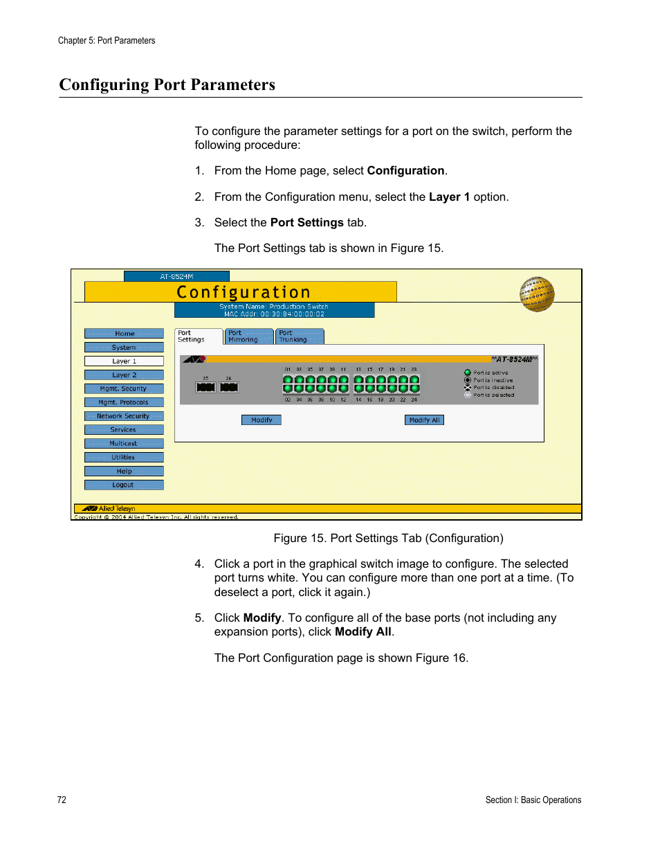 Configuring port parameters, Figure 15: port settings tab (configuration) | Allied Telesis AT-S62 User Manual | Page 72 / 372