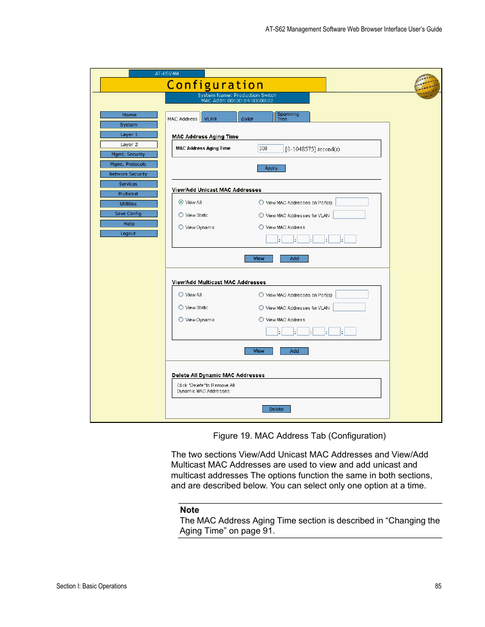 Figure 19: mac address tab (configuration) | Allied Telesis AT-S62 User Manual | Page 85 / 372