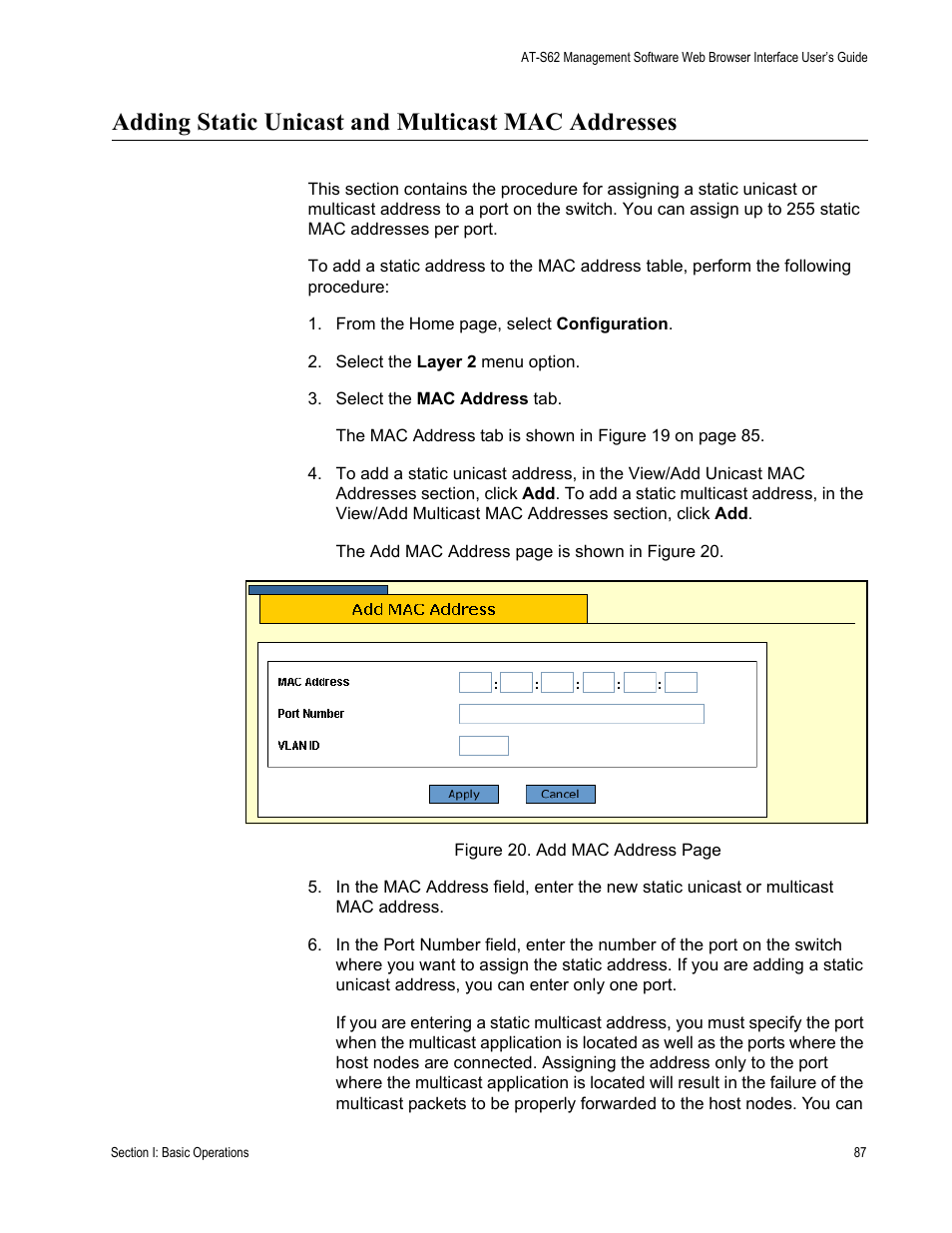 Adding static unicast and multicast mac addresses | Allied Telesis AT-S62 User Manual | Page 87 / 372
