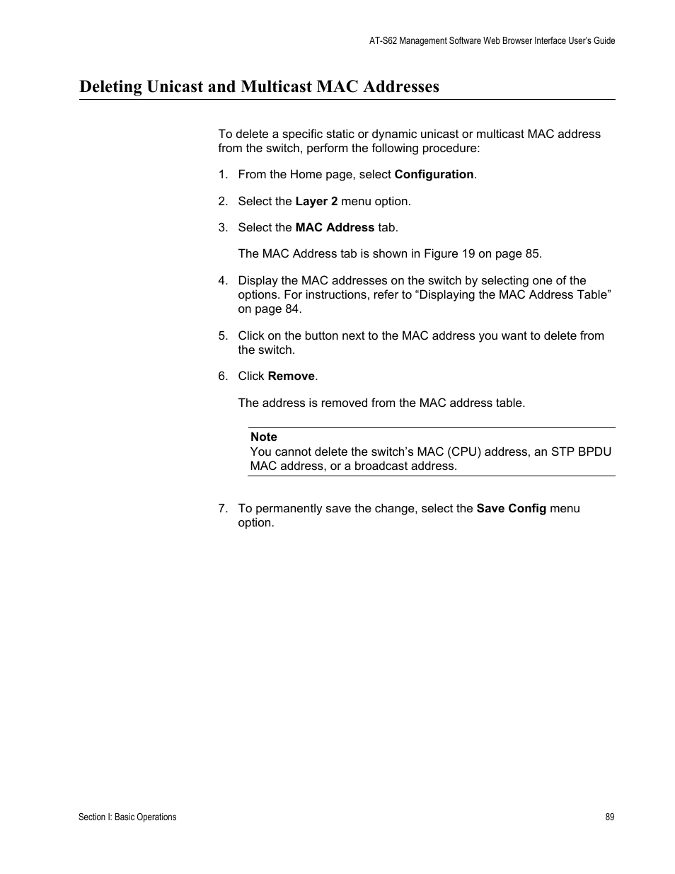 Deleting unicast and multicast mac addresses | Allied Telesis AT-S62 User Manual | Page 89 / 372