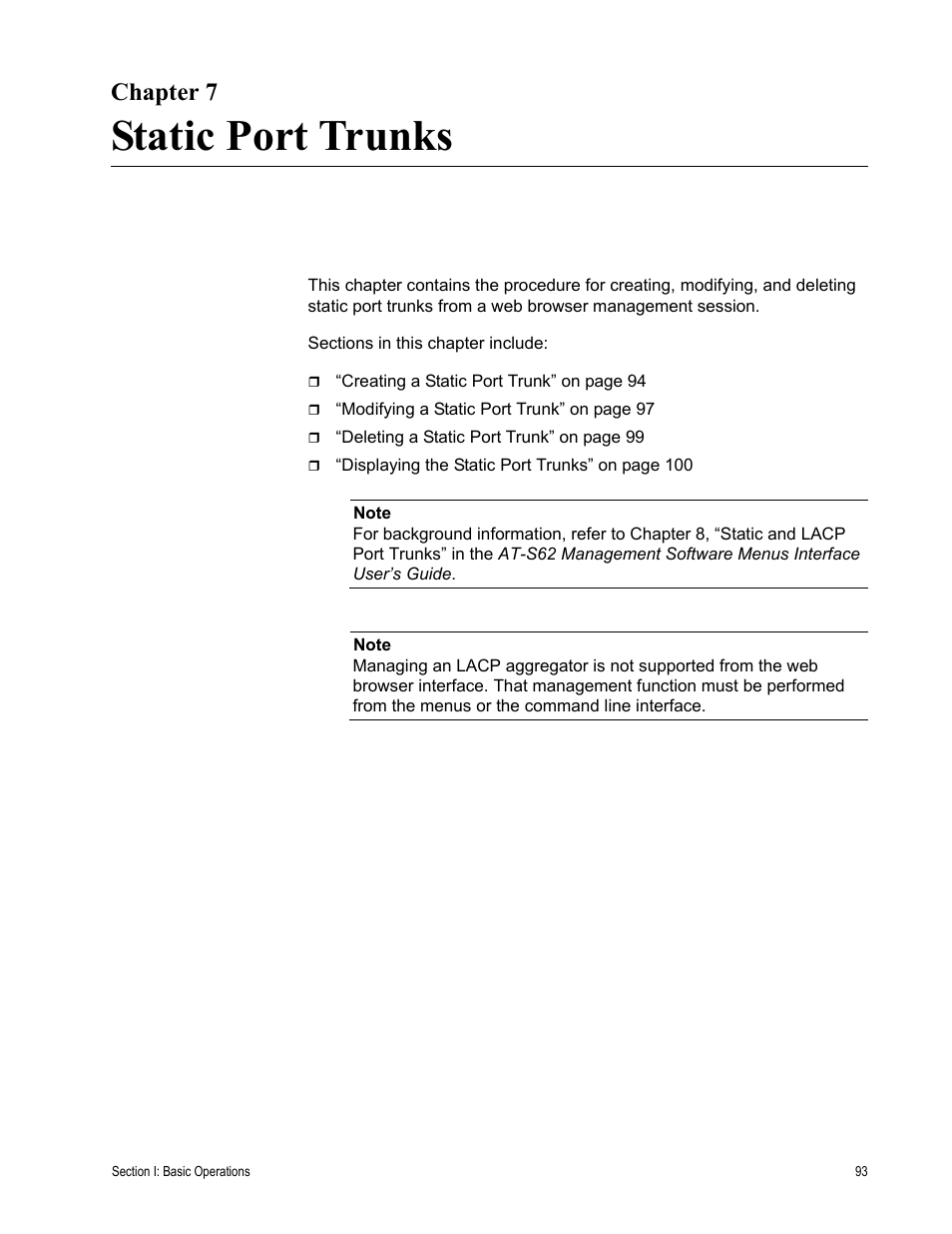 Chapter 7, Static port trunks, R 7: static port trunks | Chapter 7: static port trunks | Allied Telesis AT-S62 User Manual | Page 93 / 372