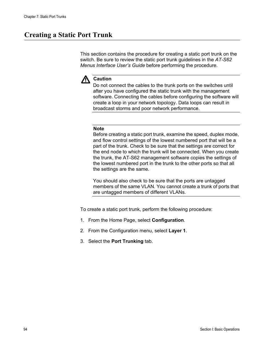 Creating a static port trunk | Allied Telesis AT-S62 User Manual | Page 94 / 372