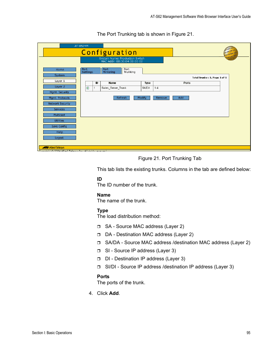 Figure 21: port trunking tab | Allied Telesis AT-S62 User Manual | Page 95 / 372