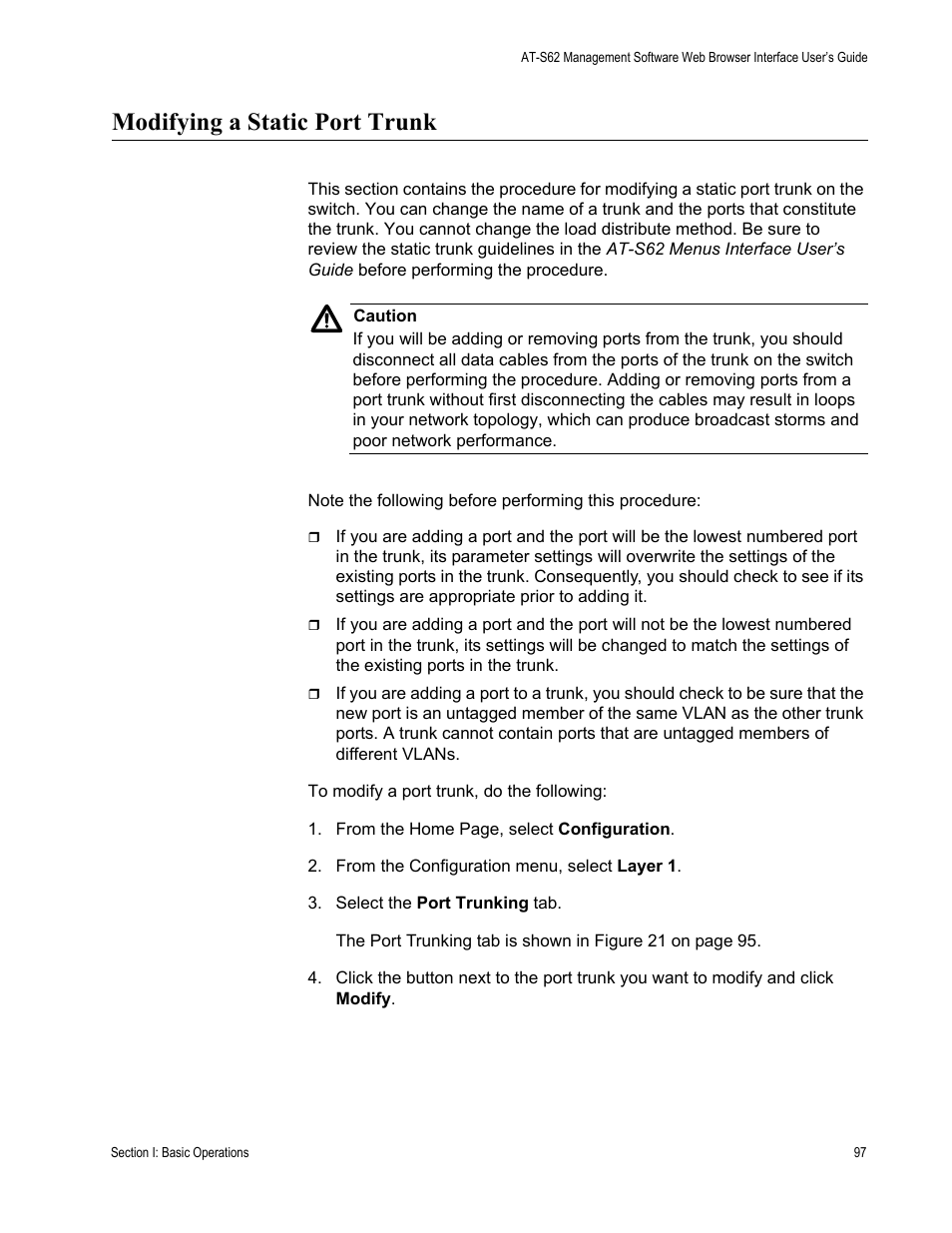 Modifying a static port trunk | Allied Telesis AT-S62 User Manual | Page 97 / 372
