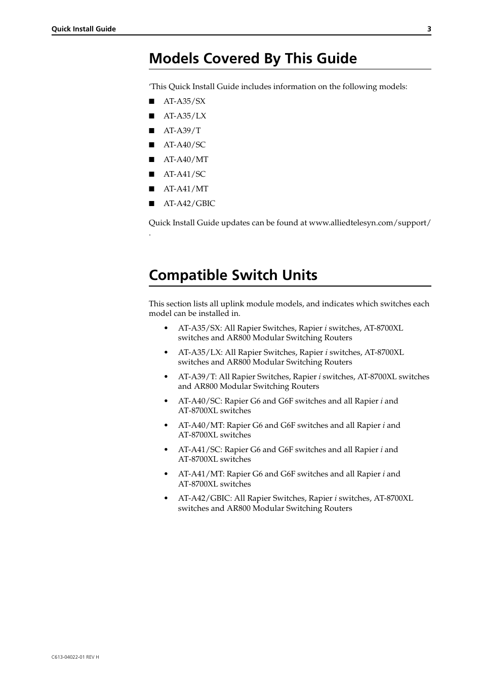 Models covered by this guide, Compatible switch units | Allied Telesis Uplink Module User Manual | Page 3 / 9