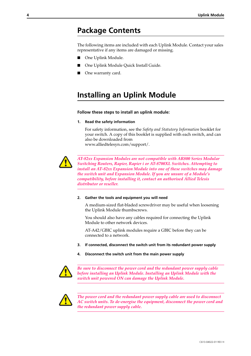 Package contents, Installing an uplink module | Allied Telesis Uplink Module User Manual | Page 4 / 9
