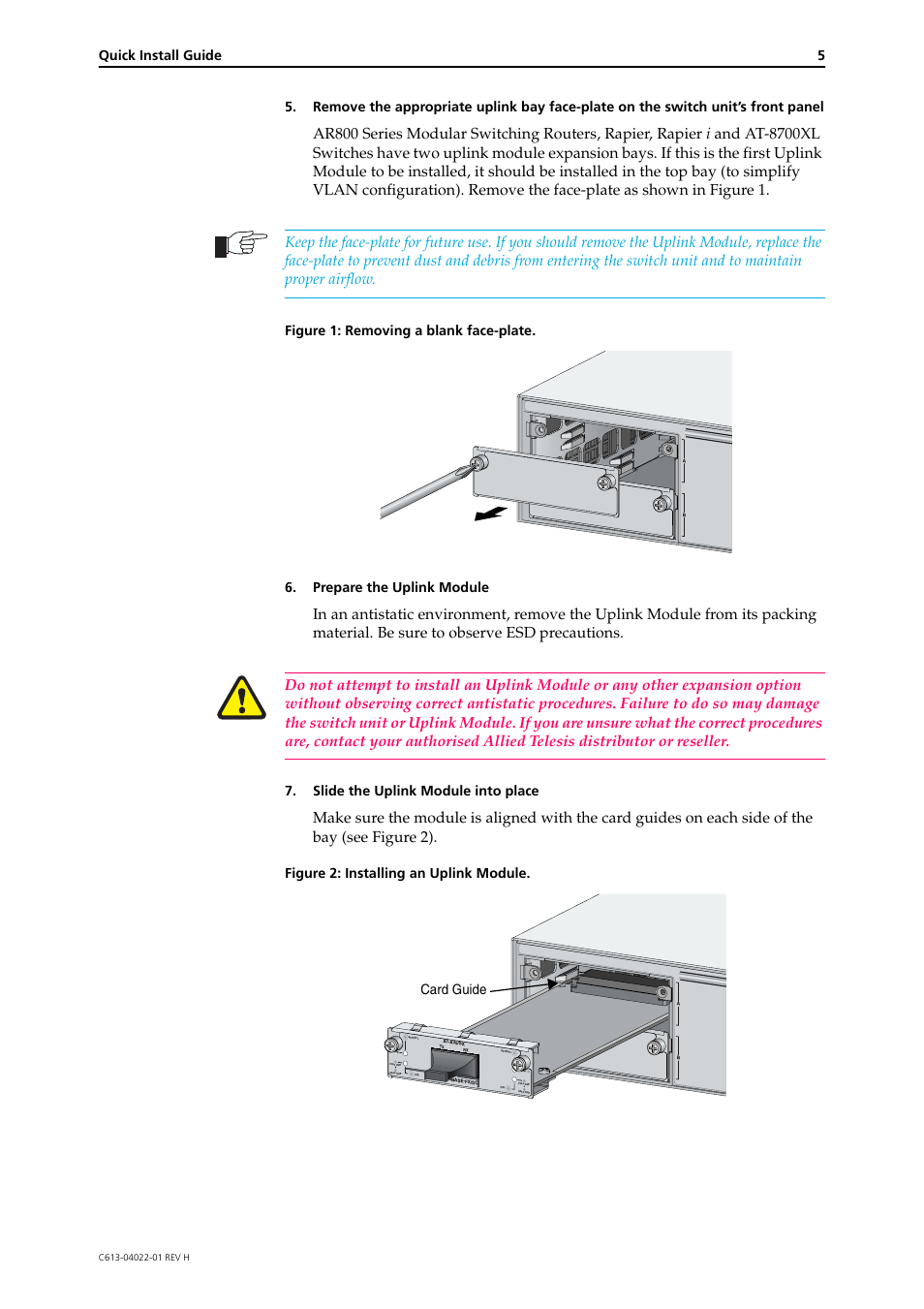 Quick install guide 5, Slide the uplink module into place, Figure 2: installing an uplink module | Card guide | Allied Telesis Uplink Module User Manual | Page 5 / 9