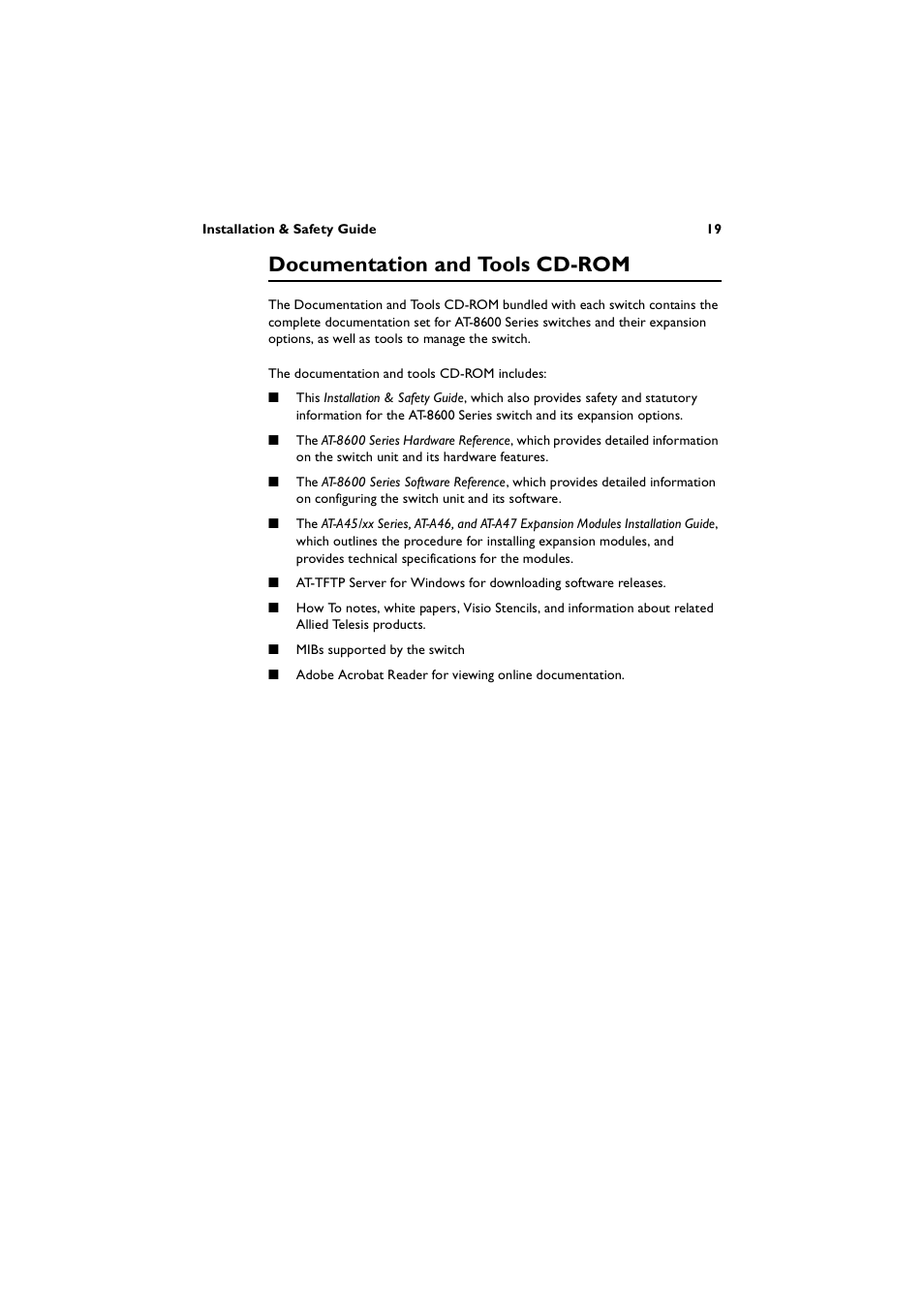 Documentation and tools cd-rom | Allied Telesis AT-8600 Series Switch User Manual | Page 19 / 36