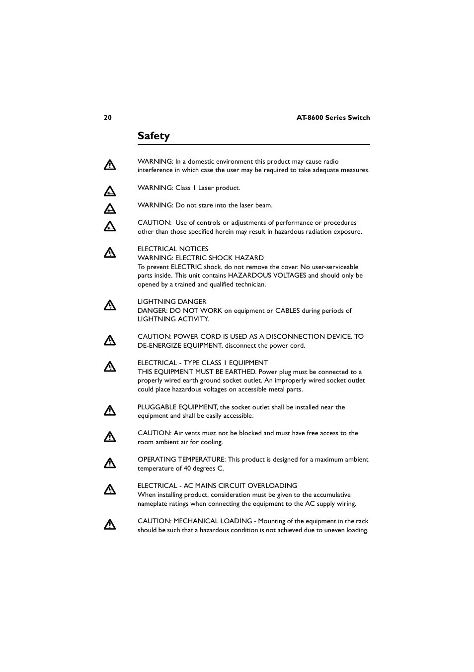 Safety | Allied Telesis AT-8600 Series Switch User Manual | Page 20 / 36
