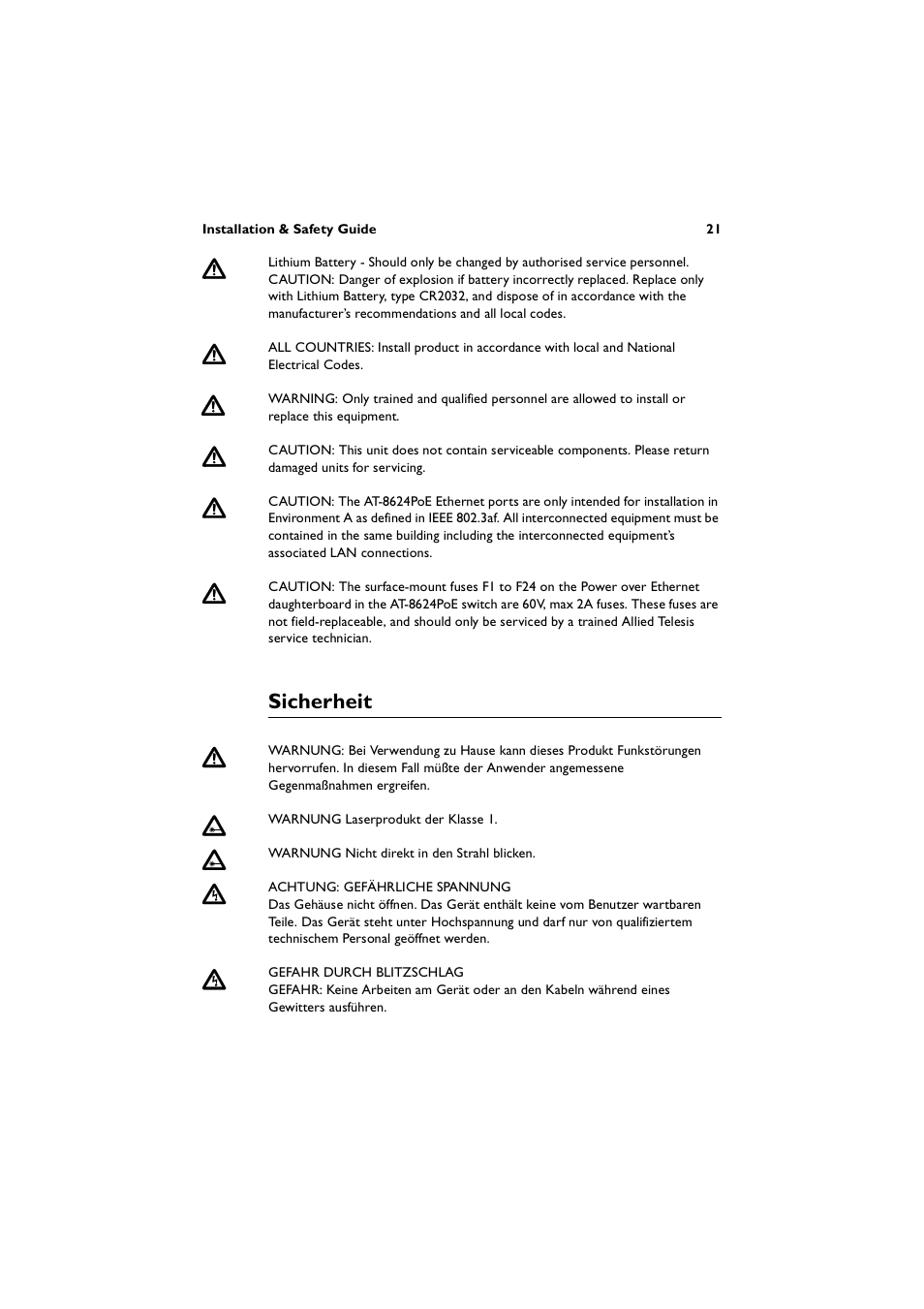 Sicherheit | Allied Telesis AT-8600 Series Switch User Manual | Page 21 / 36