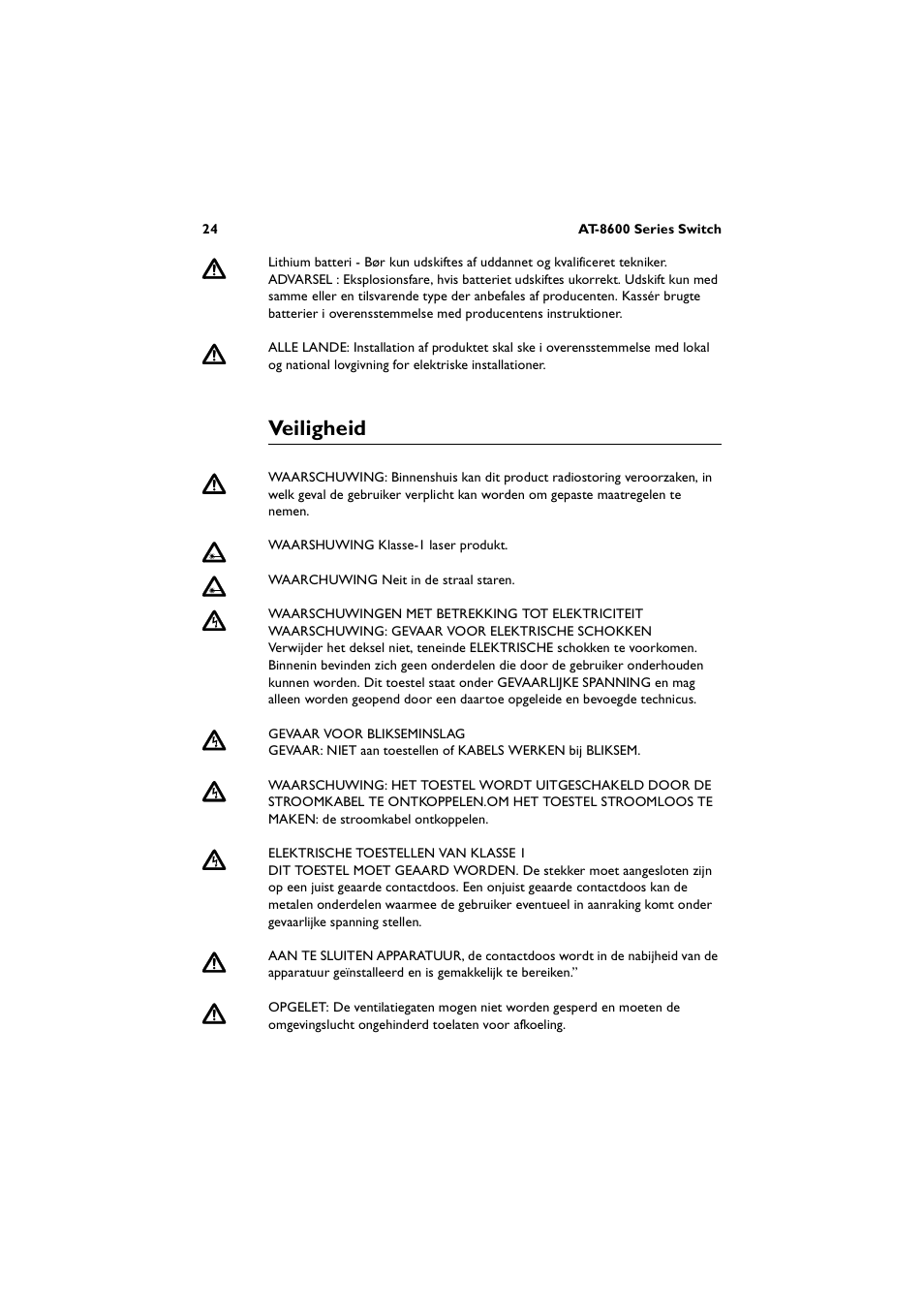Veiligheid | Allied Telesis AT-8600 Series Switch User Manual | Page 24 / 36