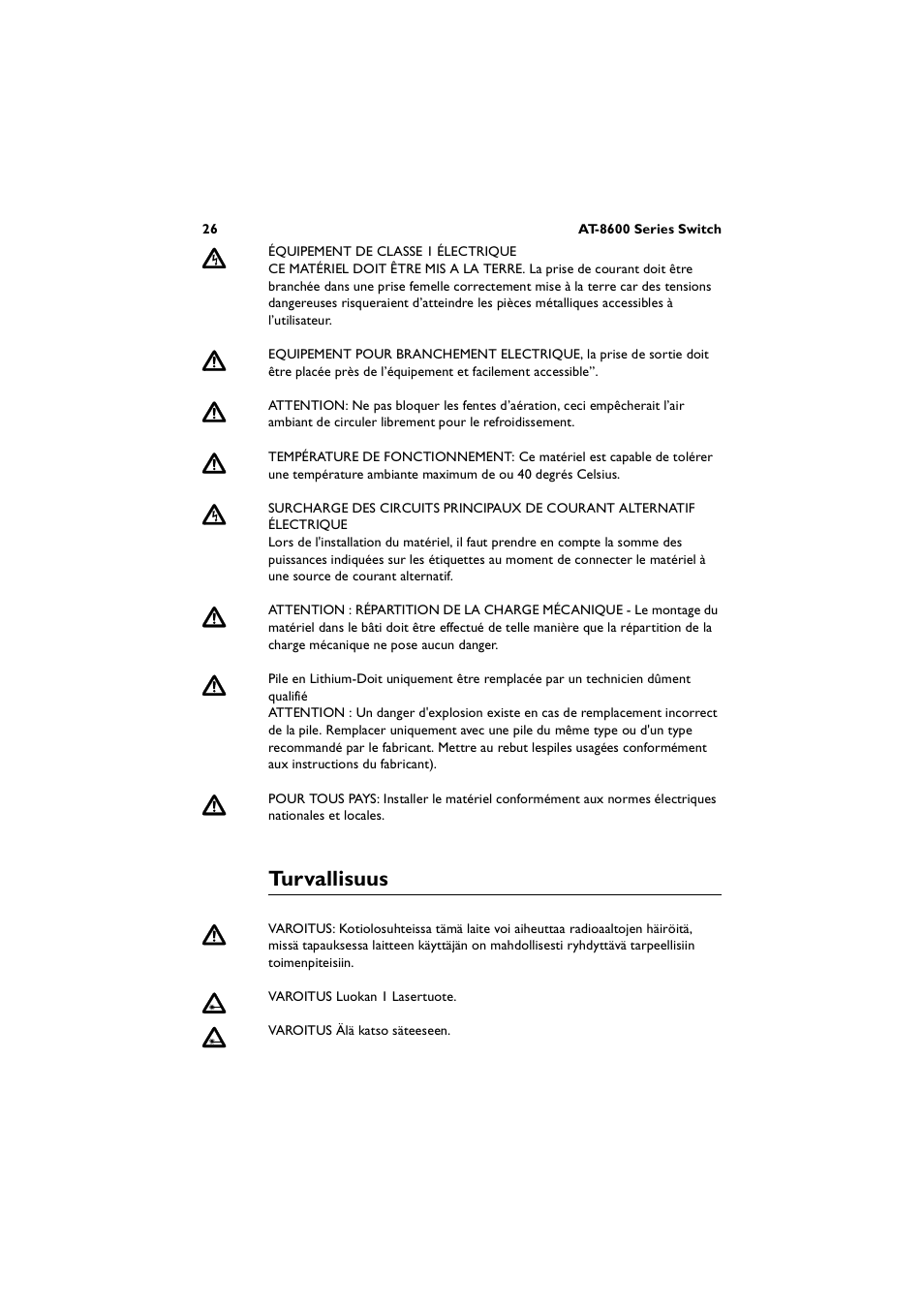 Turvallisuus | Allied Telesis AT-8600 Series Switch User Manual | Page 26 / 36