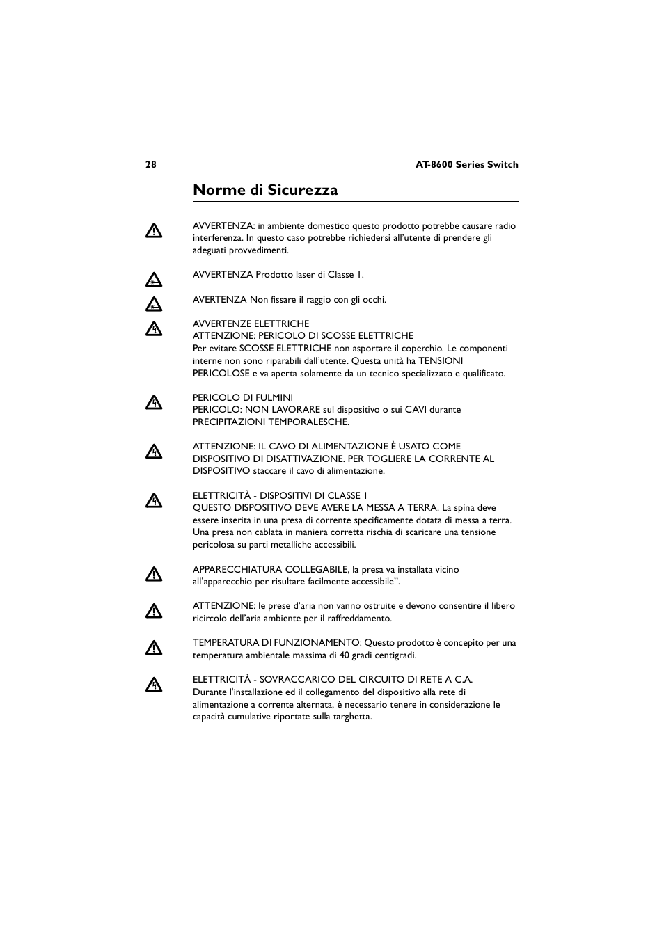 Norme di sicurezza | Allied Telesis AT-8600 Series Switch User Manual | Page 28 / 36