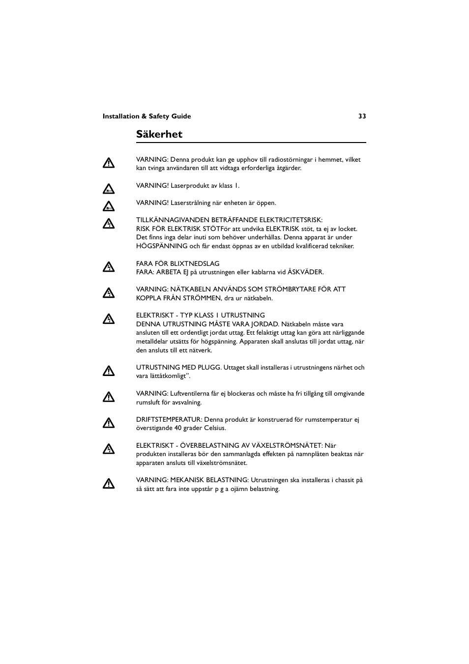 Säkerhet | Allied Telesis AT-8600 Series Switch User Manual | Page 33 / 36
