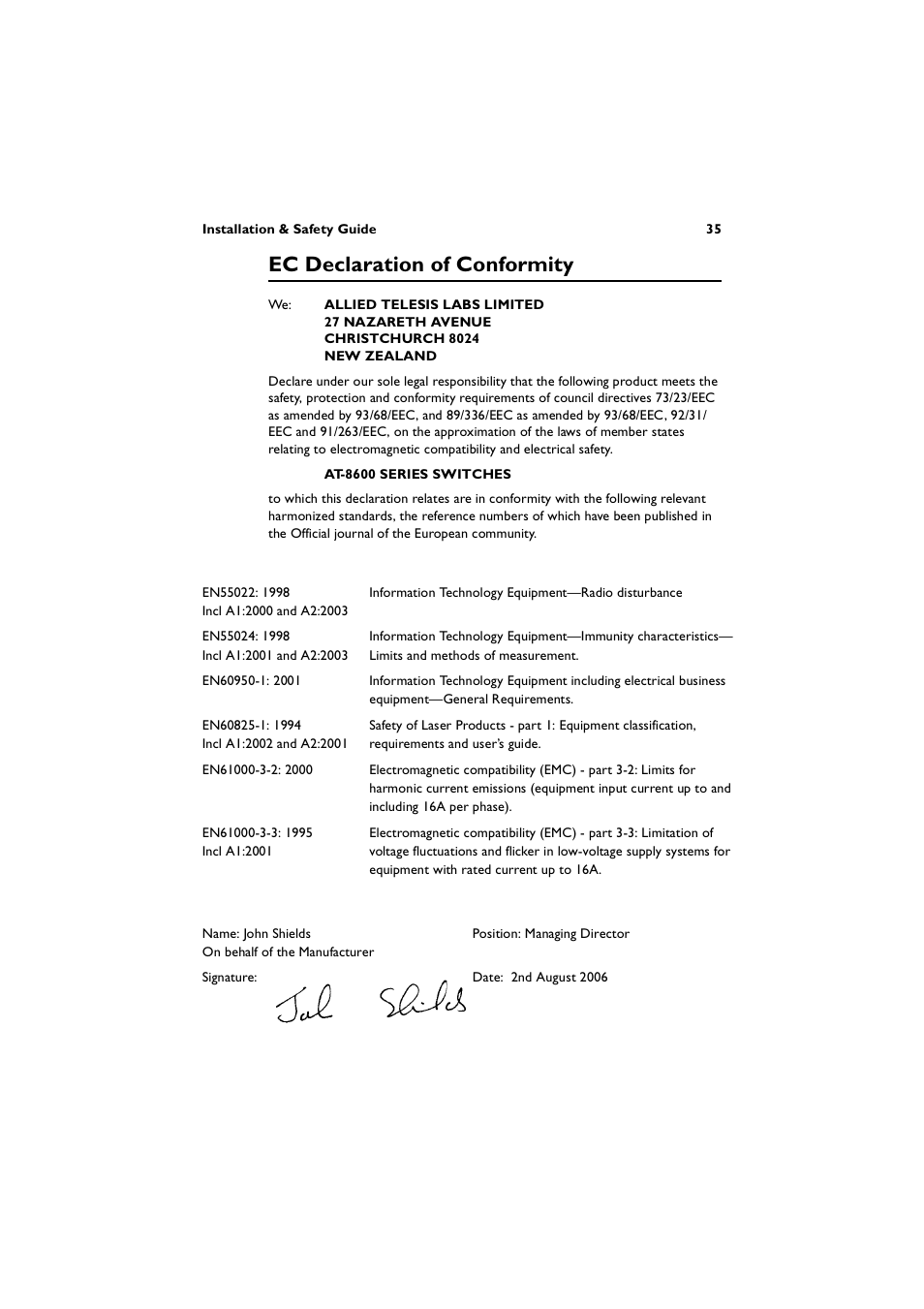 Ec declaration of conformity | Allied Telesis AT-8600 Series Switch User Manual | Page 35 / 36