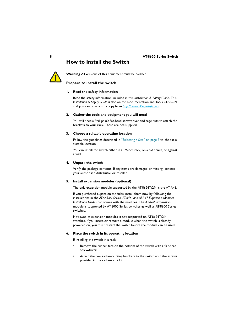 How to install the switch | Allied Telesis AT-8600 Series Switch User Manual | Page 8 / 36