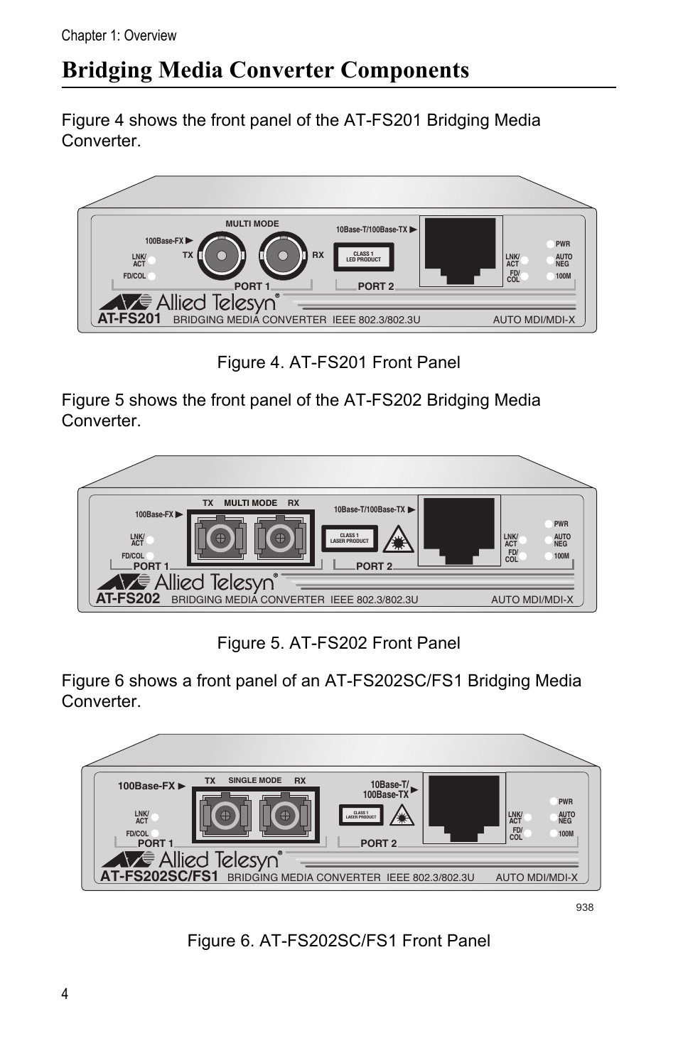 Bridging media converter components, Chapter 1: overview 4, At-fs201 | At-fs202, At-fs202sc/fs1 | Allied Telesis AT-FS202SC/FS1 User Manual | Page 14 / 88