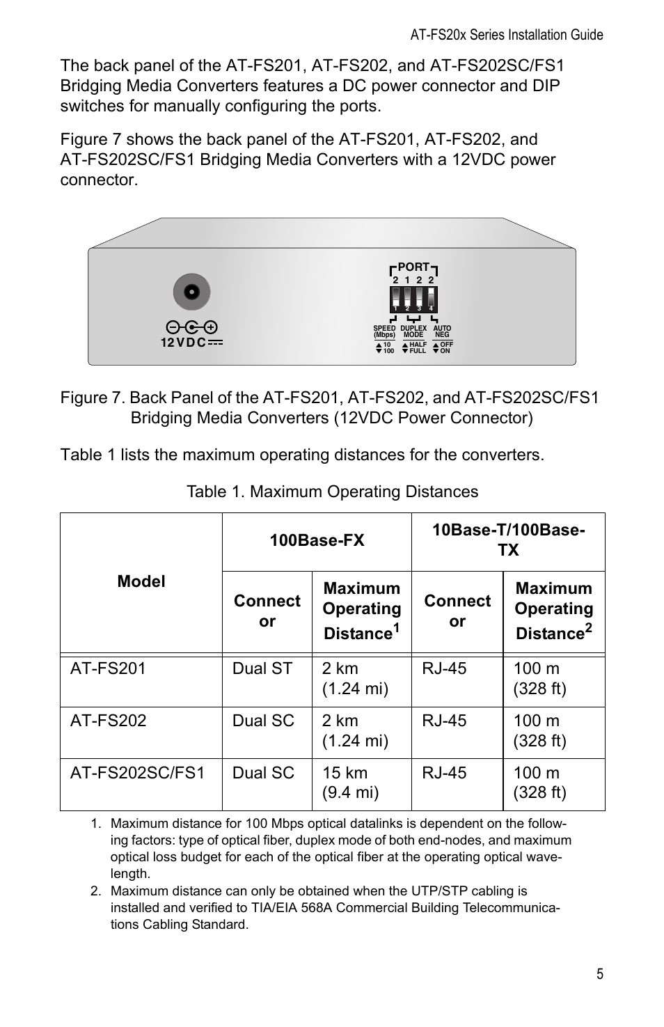 Connect or maximum operating distance | Allied Telesis AT-FS202SC/FS1 User Manual | Page 15 / 88
