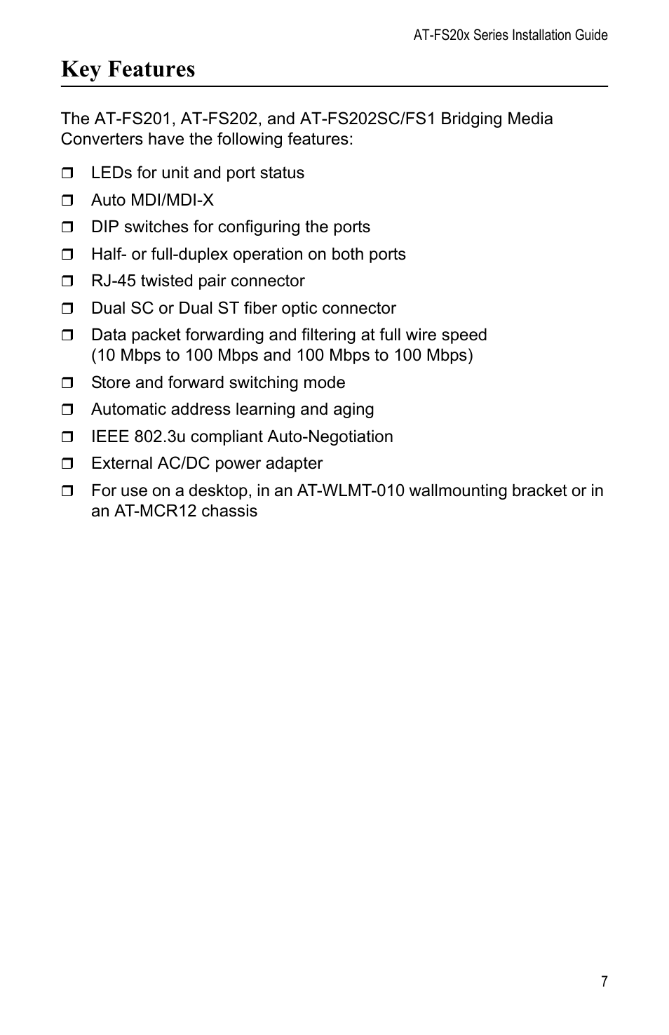 Key features | Allied Telesis AT-FS202SC/FS1 User Manual | Page 17 / 88