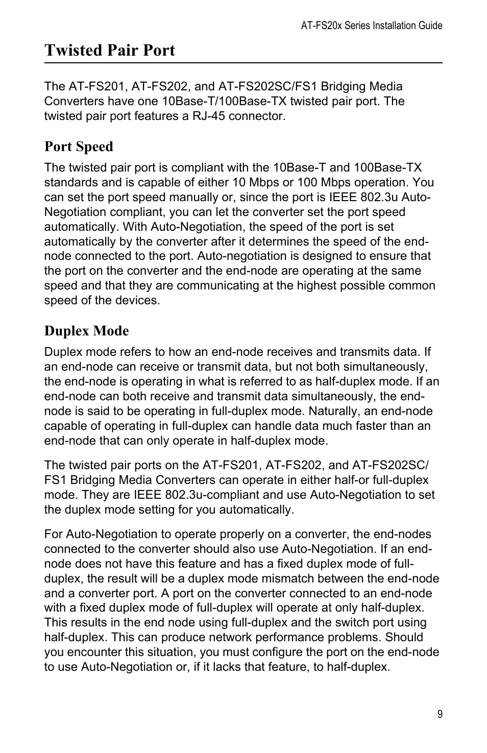 Twisted pair port, Port speed, Duplex mode | Allied Telesis AT-FS202SC/FS1 User Manual | Page 19 / 88