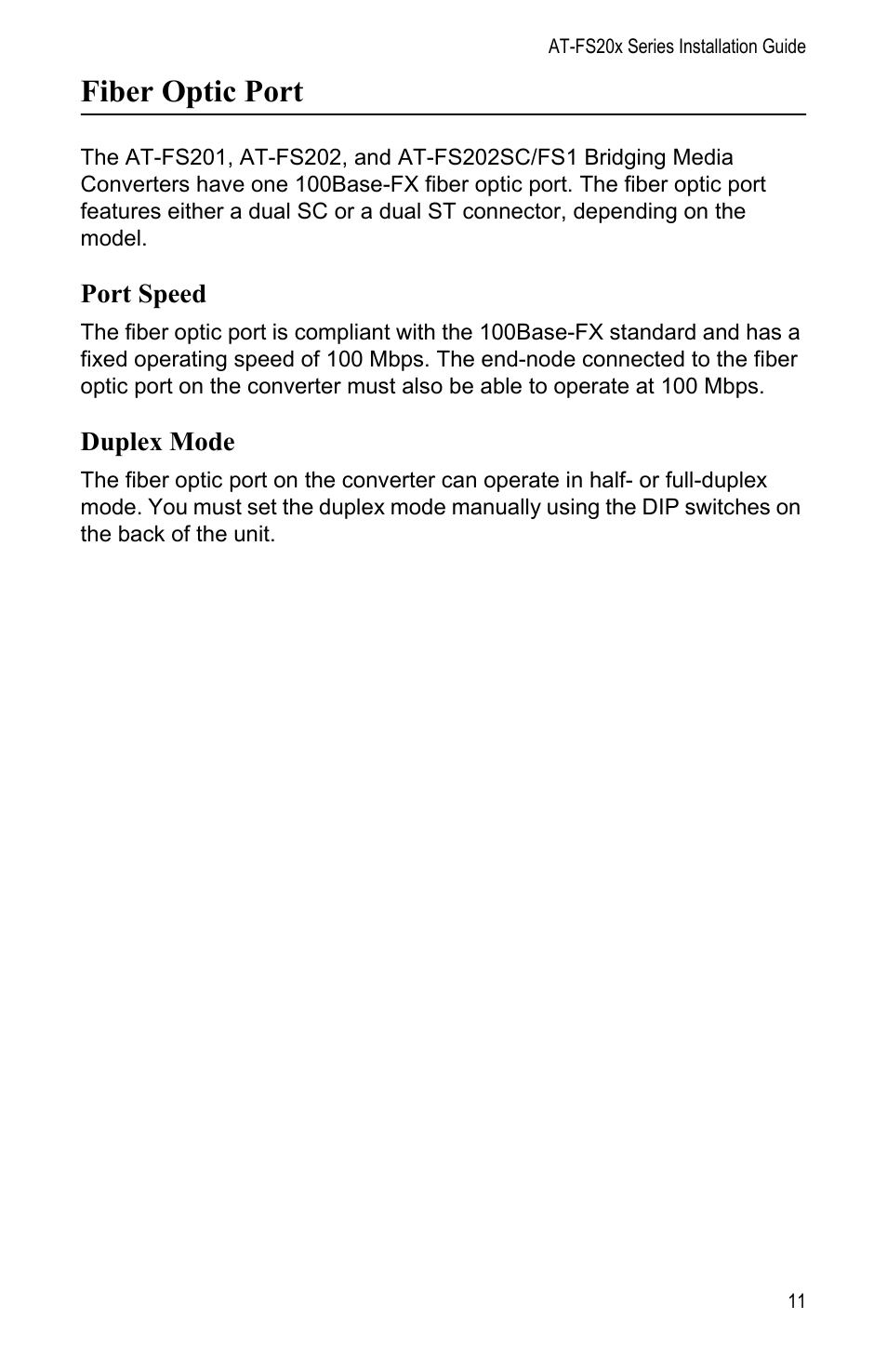 Fiber optic port, Port speed, Duplex mode | Allied Telesis AT-FS202SC/FS1 User Manual | Page 21 / 88