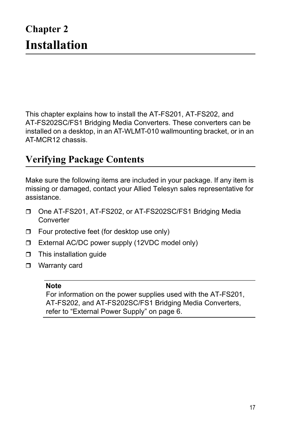 Chapter 2, Installation, Verifying package contents | Chapter 2 installation | Allied Telesis AT-FS202SC/FS1 User Manual | Page 27 / 88