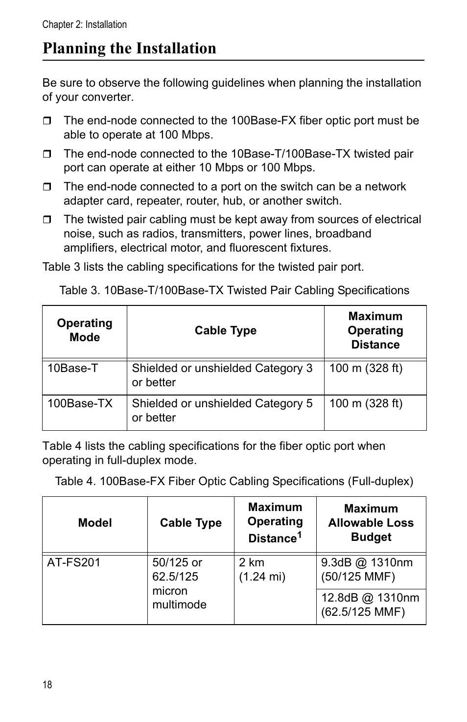 Planning the installation | Allied Telesis AT-FS202SC/FS1 User Manual | Page 28 / 88