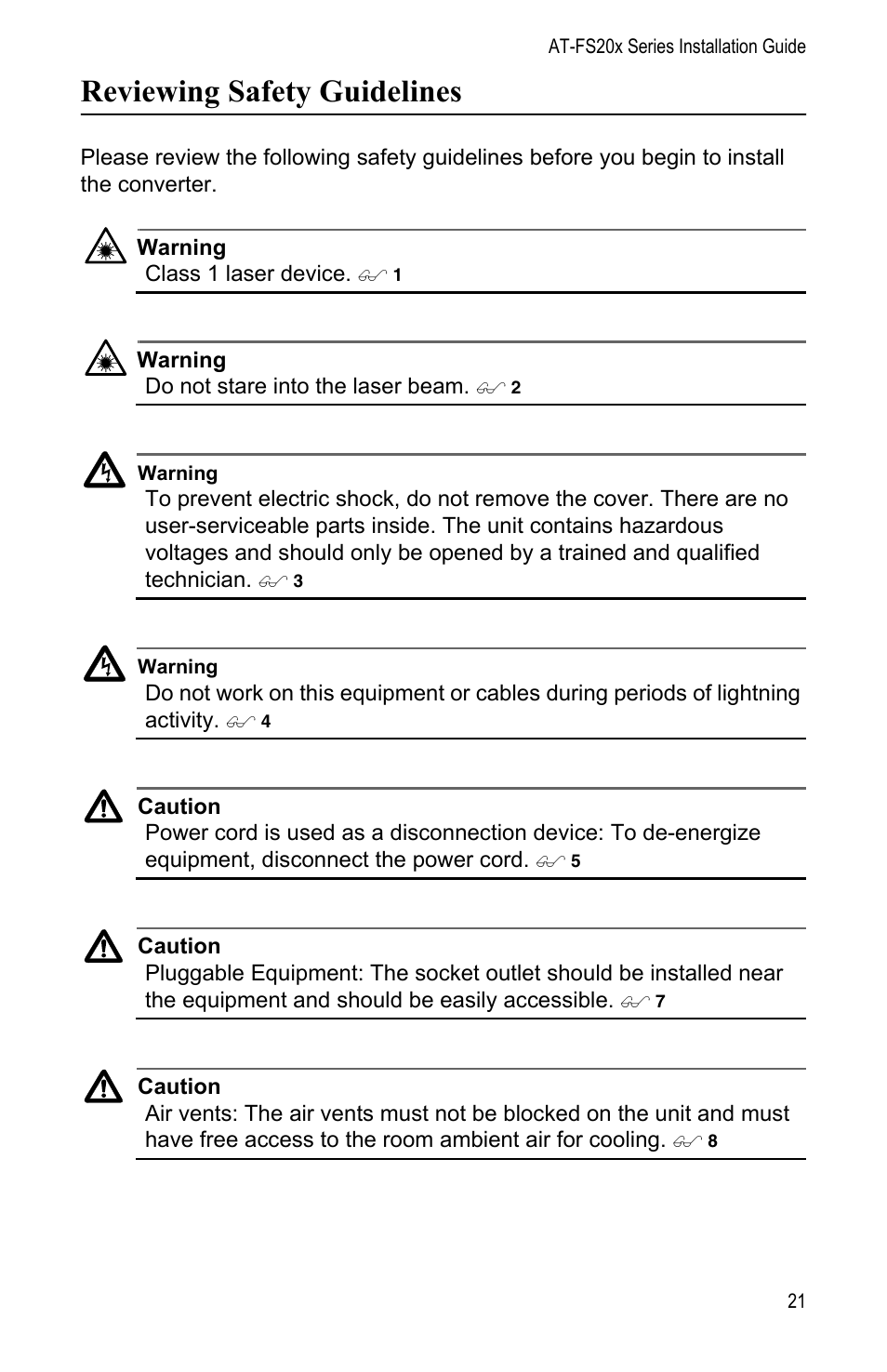 Reviewing safety guidelines | Allied Telesis AT-FS202SC/FS1 User Manual | Page 31 / 88