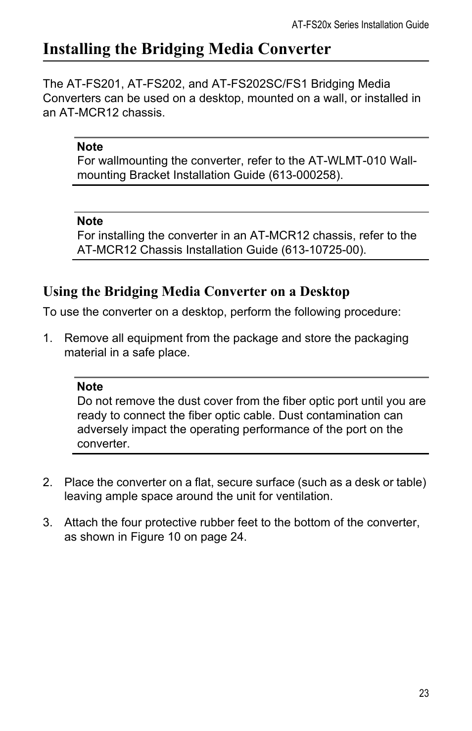 Installing the bridging media converter, Using the bridging media converter on a desktop | Allied Telesis AT-FS202SC/FS1 User Manual | Page 33 / 88