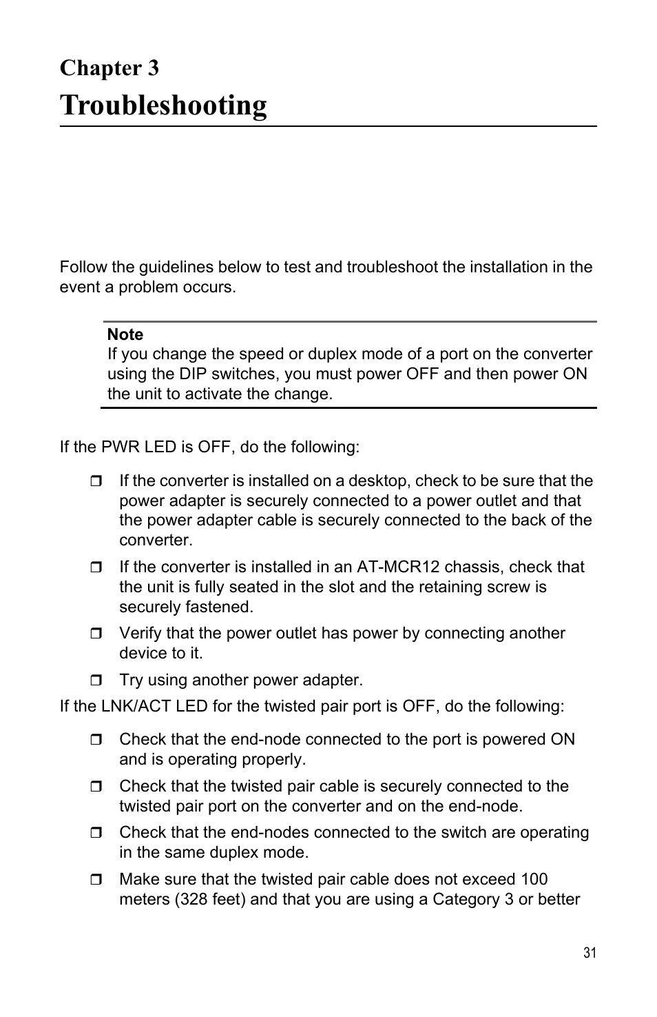 Chapter 3, Troubleshooting, Chapter 3 troubleshooting | Allied Telesis AT-FS202SC/FS1 User Manual | Page 41 / 88